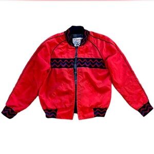 red puffy vintage motorcycle jacket